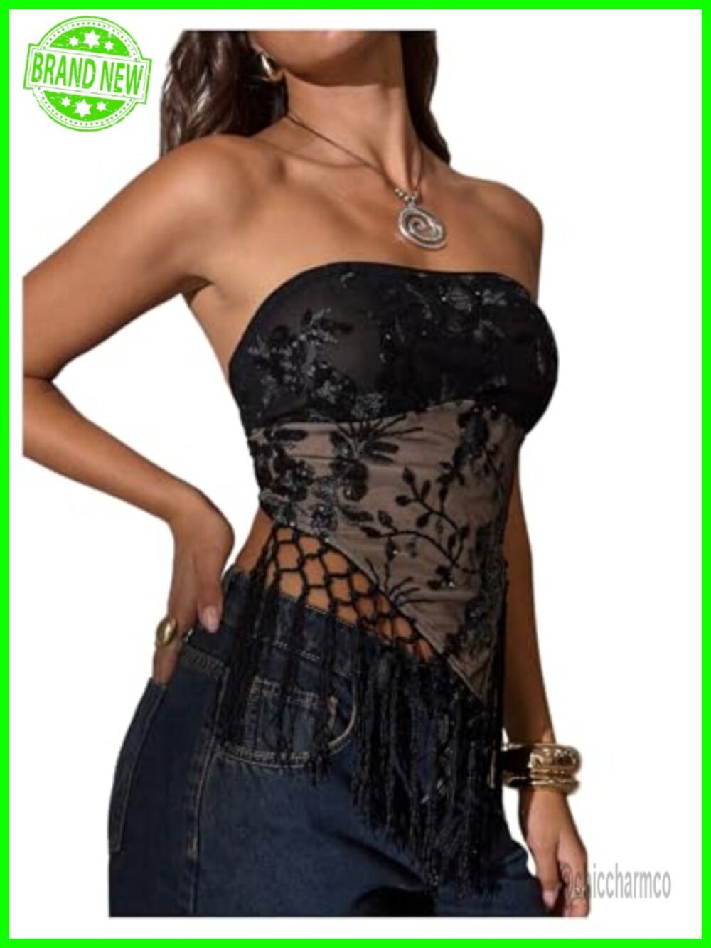 Sequin Fringe Tube Top Y2K Mesh Sheer Rave Party Top
